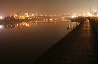 river, Vistula, bridge, night, fog, krakow, lights, path